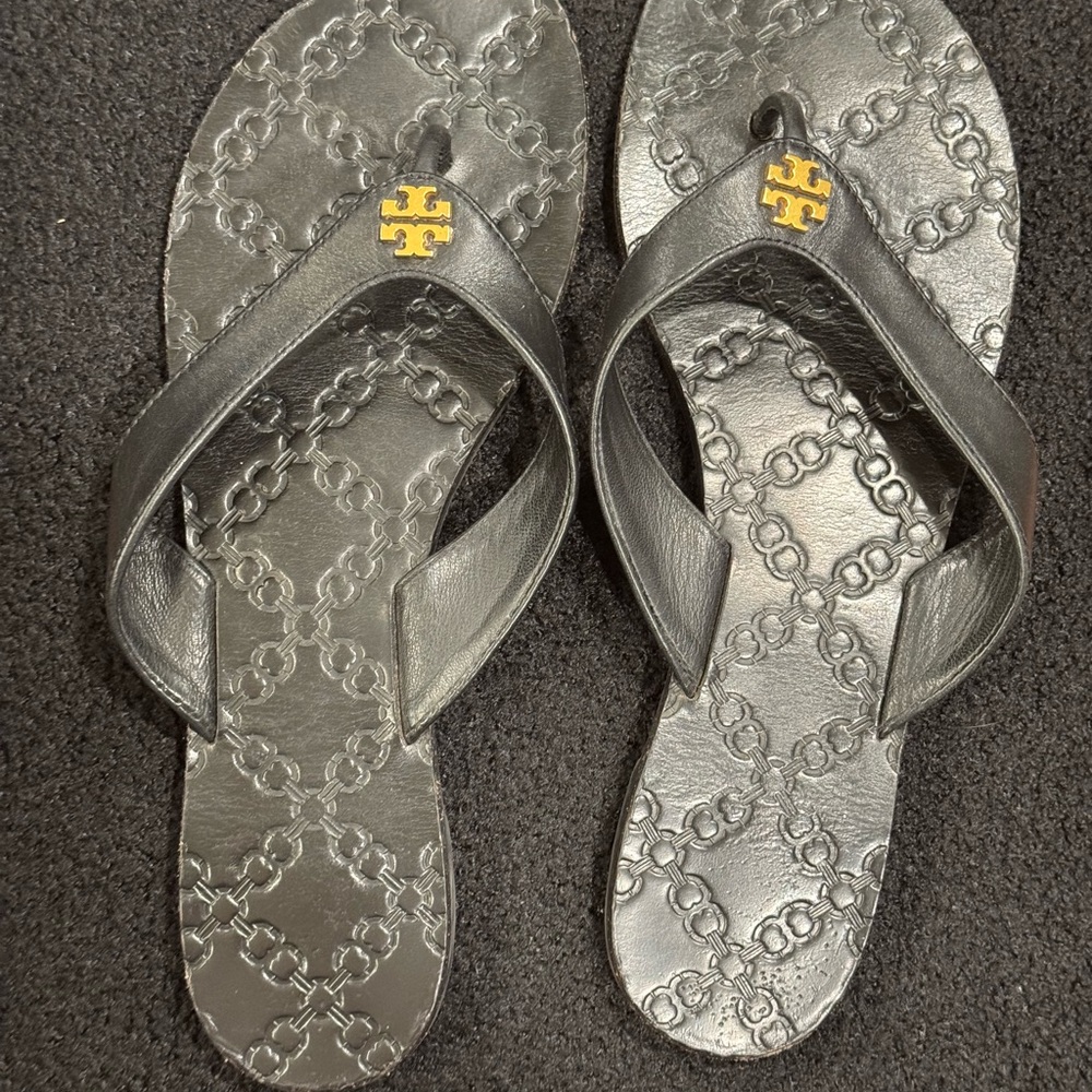 Tory Burch Black Sandals with Elegant Monogram Design